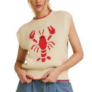 Sunday Edition Lobster Sweater Vest SZ Large Cream Red NWT Coastal Knit